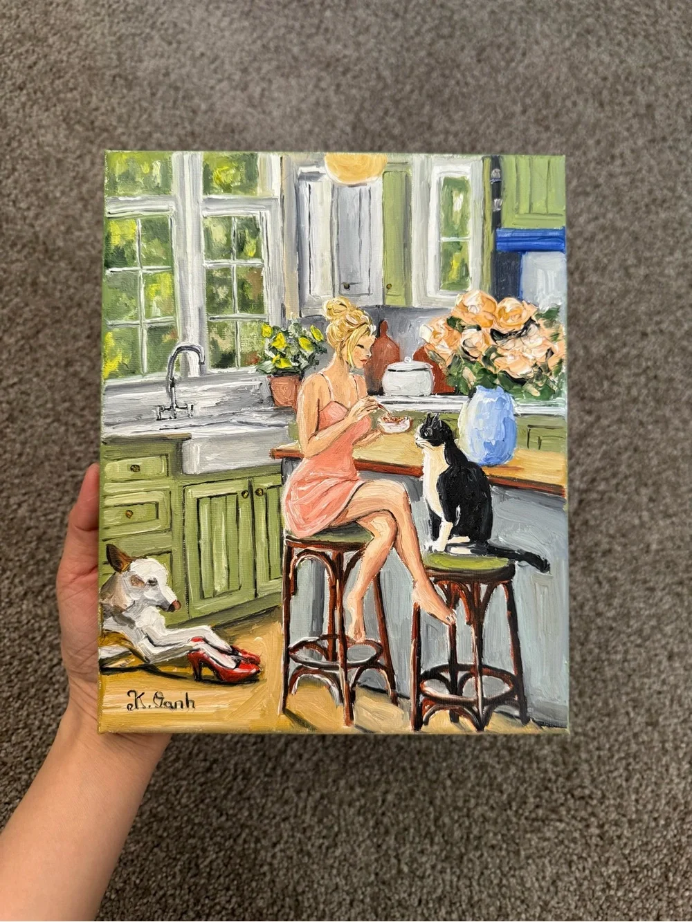 Original oil painting woman & her pet dog tuxedo cat indoor scene signed 8x10 in